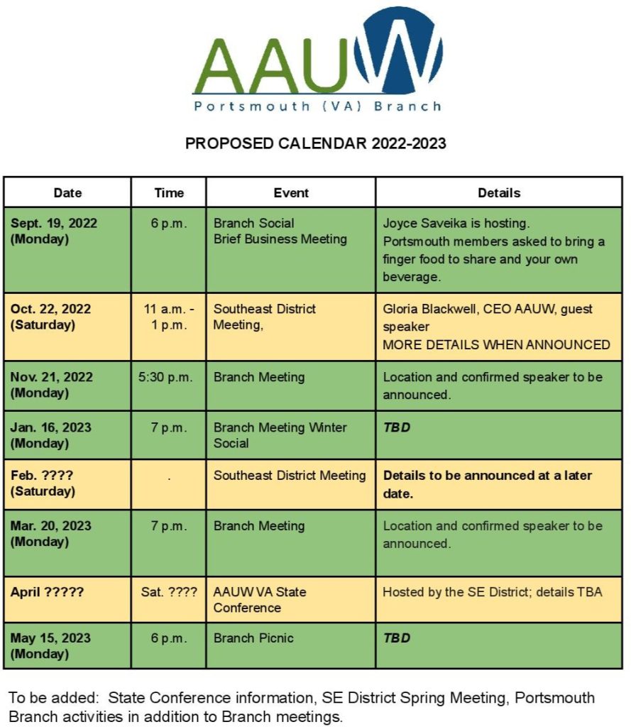 AAUW Calendar | Portsmouth (VA) Branch